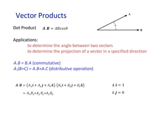 Vector Products
Dot Product
Applications:
to determine the angle between two vectors
to determine the projection of a vector in a specified direction
A.B = B.A (commutative)
A.(B+C) = A.B+A.C (distributive operation)
 