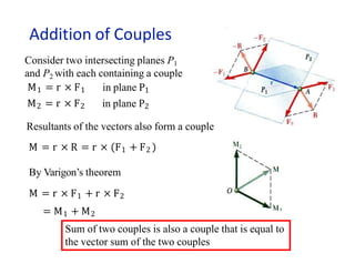 Addition of Couples
Consider two intersecting planes P1
and P2 with each containing a couple
M1 = r × F1
M2 = r × F2
in plane P1
in plane P2
Resultants of the vectors also form a couple
M = r × R = r × F1 + F2
By Varigon’s theorem
M = r × F1 + r × F2
= M1 + M2
Sum of two couples is also a couple that is equal to
the vector sum of the two couples
 