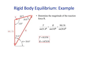 • Determine the magnitude of the reaction
force R.
98.1N
= =
T R
sin31.4o sin110o sin38.6o
T =81.9N
R =147.8N
Rigid Body Equilibrium: Example
 