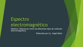 Espectro
electromagnético
Objetivo: Diferenciar entre los diferentes tipos de radiación
electromagnética.
Elaborado por Lic. Ángel Balón
 