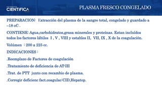 PREPARACION: Extracción del plasma de la sangre total, congelado y guardado a
–18 oC .
CONTIENE: Agua,carbohidratos,grasa minerales y proteínas. Estan incluídos
todos los factores lábiles I , V , VIII y estables II, VII, IX , X de la coagulación.
Volúmen : 200 a 225 cc.
INDICACIONES :
.Reemplazo de Factores de coagulación
.Tratamiento de deficiencia de AT-III
.Trat. de PTT junto con recambio de plasma.
.Corregir deficienc fact.coagulac:CID,Hepatop.
PLASMAFRESCO CONGELADO
 