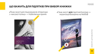 МІНІКУРС
ДЛЯ
БІБЛІОТЕК
ЩО ВАЖИТЬ ДЛЯ ПІДЛІТКІВ ПРИ ВИБОРІ КНИЖКИ
✔Знак якості для поціновувачів літератури
з «високої полиці» — Нобелівська премія
32
✔Знак якості для підлітків і молоді —
екранізація (зокрема на Netflix)
 
