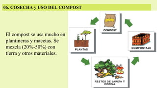 06. COSECHA y USO DEL COMPOST
El compost se usa mucho en
plantineras y macetas. Se
mezcla (20%-50%) con
tierra y otros materiales.
 
