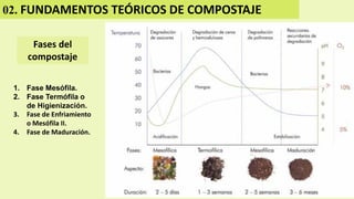 02. FUNDAMENTOS TEÓRICOS DE COMPOSTAJE
Fases del
compostaje
1. Fase Mesófila.
2. Fase Termófila o
de Higienización.
3. Fase de Enfriamiento
o Mesófila II.
4. Fase de Maduración.
 