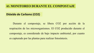 Dióxido de Carbono (CO2)
03. MONITOREO DURANTE EL COMPOSTAJE
Durante el compostaje, se libera CO2 por acción de la
respiración de los microorganismos. El CO2 producido durante el
compostaje, es considerado de bajo impacto ambiental, por cuanto
es capturado por las plantas para realizar fotosíntesis.
 