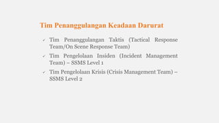  Tim Penanggulangan Taktis (Tactical Response
Team/On Scene Response Team)
 Tim Pengelolaan Insiden (Incident Management
Team) – SSMS Level 1
 Tim Pengelolaan Krisis (Crisis Management Team) –
SSMS Level 2
Tim Penanggulangan Keadaan Darurat
 
