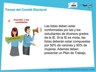 Título de la Presentación
Tareas del Comité Electoral
Inscribir a los
candidatos
4
Las listas deben estar
conformadas por las y los
estudiantes de diversos grados
de la IE. Si la IE es mixta, las
listas deberán estar compuestas
por 50% de varones y 50% de
mujeres. Además deben
presentar un Plan de Trabajo.
 