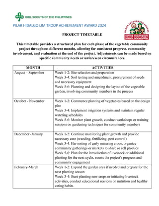 PILAR HIDALGO LIM TROOP ACHIEVEMENT AWARD 2024
PROJECT TIMETABLE
This timetable provides a structured plan for each phase of the vegetable community
project throughout different months, allowing for consistent progress, community
involvement, and evaluation at the end of the project. Adjustments can be made based on
specific community needs or unforeseen circumstances.
MONTH ACTIVITIES
August – September Week 1-2: Site selection and preparation
Week 3-4: Soil testing and amendment, procurement of seeds
and necessary equipment
Week 5-6: Planning and designing the layout of the vegetable
garden, involving community members in the process
October - November Week 1-2: Commence planting of vegetables based on the design
plan
Week 3-4: Implement irrigation systems and maintain regular
watering schedules
Week 5-6: Monitor plant growth, conduct workshops or training
sessions on gardening techniques for community members
December -January Week 1-2: Continue monitoring plant growth and provide
necessary care (weeding, fertilizing, pest control)
Week 3-4: Harvesting of early maturing crops, organize
community gatherings or markets to share or sell produce
Week 5-6: Plan for the introduction of livestock or additional
planting for the next cycle, assess the project's progress and
community engagement
February-March Week 1-2: Expand the garden area if needed and prepare for the
next planting season
Week 3-4: Start planting new crops or initiating livestock
activities, conduct educational sessions on nutrition and healthy
eating habits
 
