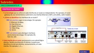 Subredes
11
www.upsa.edu.bo
Interfaces de router
▪ La tecnología que se utilice en cada interfaz de un router es independiente. Por ejemplo, el router
gateway de una red doméstica suele tener una interfaz Ethernet o WiFi y otra ADSL, cable modem.
▪  Con una letra según la tecnología. Por ejemplo:
▪  Y un número para distinguir interfaces
con la misma tecnología. Por ejemplo, E0,
Fa0, Fa1, Se0.
DIRECCIONAMIENTO IP
▪ ¿Cómo se identifican las interfaces de un router?
E: Ethernet 10 Mbps,
Fa: Fast Ethernet,
Gi: Gigabit Ethernet,
To: Token Ring,
Se: Serial.
▪ Cada interfaz de un router pertenecerá a una subred lógica
distinta. Tendrá una dirección IP distinta. La parte que
identifica a la red será distinta, necesariamente, en cada
interfaz. Por ejemplo, 1, 2,….
Subredes
 