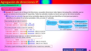 Agregación de direcciones IP
18
www.upsa.edu.bo
Creando subredes
▪ Ejemplo 13. A partir de un bloque de direcciones, se pueden direccionar redes lógicas más pequeñas, subredes, que se
ajusten al número de direcciones IP requeridas. Todas las subredes creadas no tienen por qué ser del mismo tamaño.
▪ Para crear las subredes hay que tomar prestados algunos de los bits que identifican al host para que pasen a
identificar a la subred. Si se toman prestados n bits, se crean 2n subredes.
DIRECCIONAMIENTO IP
Agregación de direcciones IP
 