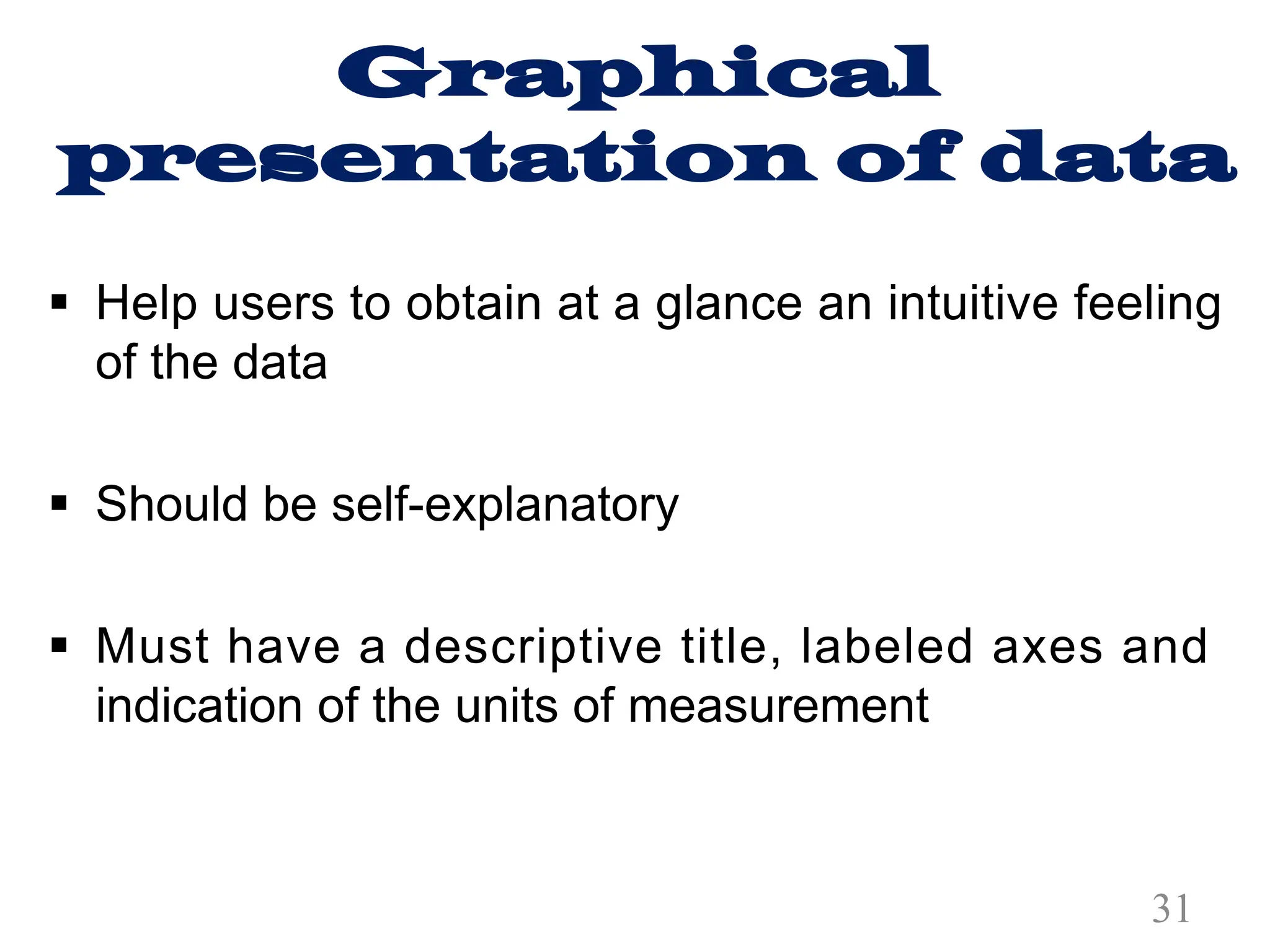 Graphical
presentation of data
§ Help users to obtain at a glance an intuitive feeling
of the data
§ Should be self-explanatory
§ Must have a descriptive title, labeled axes and
indication of the units of measurement
31
 