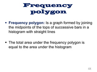Frequency
polygon
§ Frequency polygon: Is a graph formed by joining
the midpoints of the tops of successive bars in a
histogram with straight lines
§ The total area under the frequency polygon is
equal to the area under the histogram
48
 