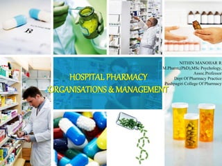 HOSPITAL PHARMACY
ORGANISATIONS & MANAGEMENT
NITHIN MANOHAR R
M.Pharm,(PhD),MSc Psychology,
Assoc.Professor
Dept Of Pharmacy Practice
Pushpagiri College Of Pharmacy
 