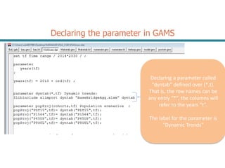 Declaring the parameter in GAMS
2
Declaring a parameter called
“dyntab” defined over (*,t).
That is, the row names can be
any entry “*”, the columns will
refer to the years “t”.
The label for the parameter is
“Dynamic Trends”
 