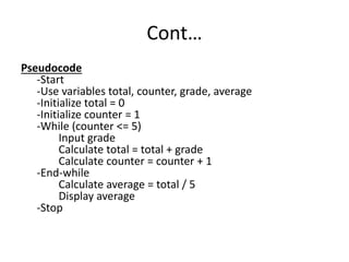 Cont…
Pseudocode
-Start
-Use variables total, counter, grade, average
-Initialize total = 0
-Initialize counter = 1
-While (counter <= 5)
Input grade
Calculate total = total + grade
Calculate counter = counter + 1
-End-while
Calculate average = total / 5
Display average
-Stop
 
