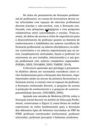 210
RESIDÊNCIA PEDAGÓGICA E FORMAÇÃO DOCENTE EM DEBATE INICIAL
Na linha do pensamento da formação profissio-
nal de professores, os cursos de licenciatura devem es-
tar articulados com espaços de exercício profissional
docente (escolar e não-escolar), com a formação con-
tinuada, com pesquisas pedagógicas e com pesquisas
colaborativas entre universidades e escolas. Trata-se,
assim, da defesa do acesso a ciclos de experiências para
o desenvolvimento do professor quanto ao domínio de
conhecimentos e habilidades (os saberes científicos da
formação profissional, os saberes disciplinares, os sabe-
res curriculares e os saberes experienciais) que ao se-
rem complexamente articulados, fazem o professor ter
autonomia no seu trabalho, relacionando-o a um gru-
po profissional com saberes compósitos organizados.
(VIEIRA, 2002; TAVARES, 2005; TARDIF, 2010).
A literatura apontada que privilegia o pensamen-
to dialético afirma ser necessário considerar cinco ci-
clos fundamentais para a formação dos docentes, expe-
rimentados ainda no acesso da primeira licenciatura: a
formação inicial, o contato com os espaços da profissão,
a formação continuada docente, a pesquisa de acesso
à produção do conhecimento e a pesquisa de autorres-
ponsabilidade docente. (TAVARES, 2005).
Apoiado nos estudos de Medeiros (2016), sobre a
formação inicial docente no âmbito da Educação Profis-
sional, construímos a Figura 3, como forma de melhor
representar os ciclos fundamentais para a formação
dos diferentes tipos de bolsistas vinculados ao PRP do
IFRN: professor coordenador institucional, professor
orientador, professor preceptor e bolsistas residentes.
 