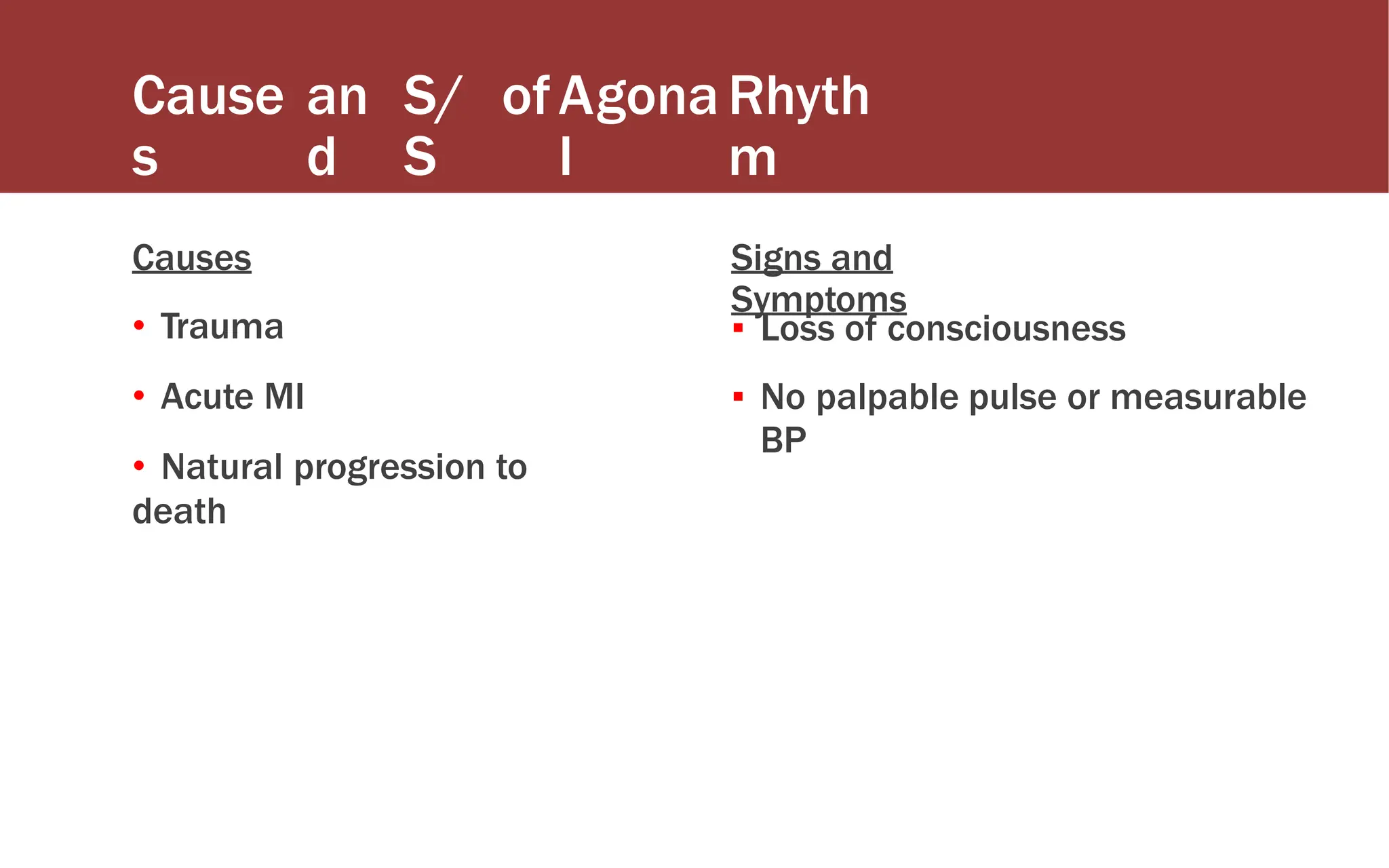 Cause
s
an
d
S/
S
ofAgona
l
Rhyth
m
Causes
• Trauma
• Acute MI
• Natural progression to
death
Signs and
Symptoms
▪ Loss of consciousness
▪ No palpable pulse or measurable
BP
 