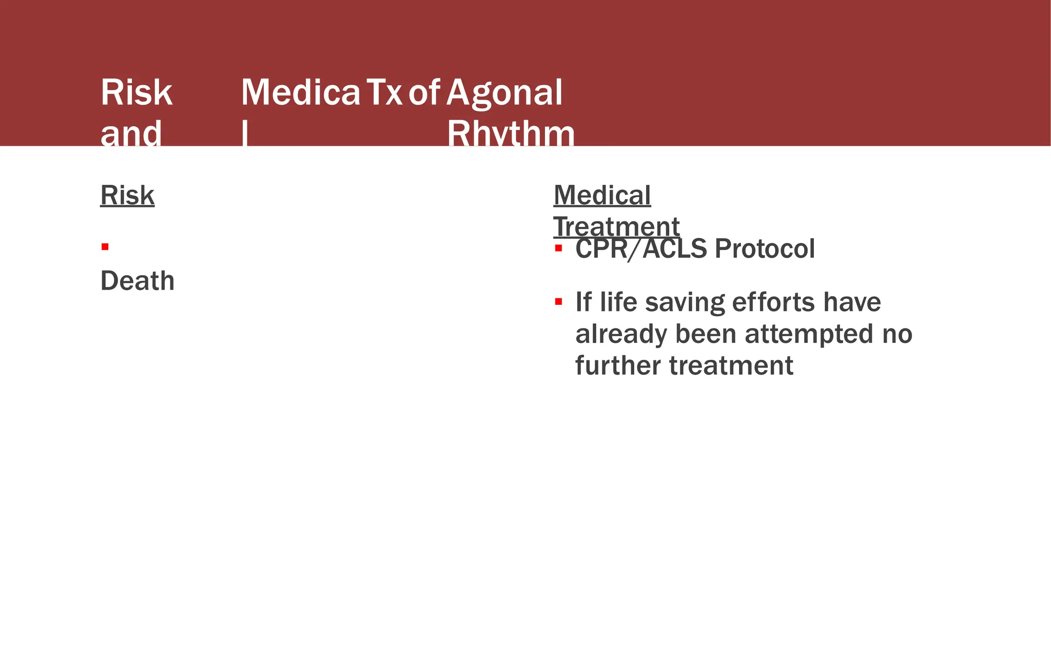 Risk
and
Medica
l
TxofAgonal
Rhythm
Risk
▪
Death
Medical
Treatment
▪ CPR/ACLS Protocol
▪ If life saving efforts have
already been attempted no
further treatment
 