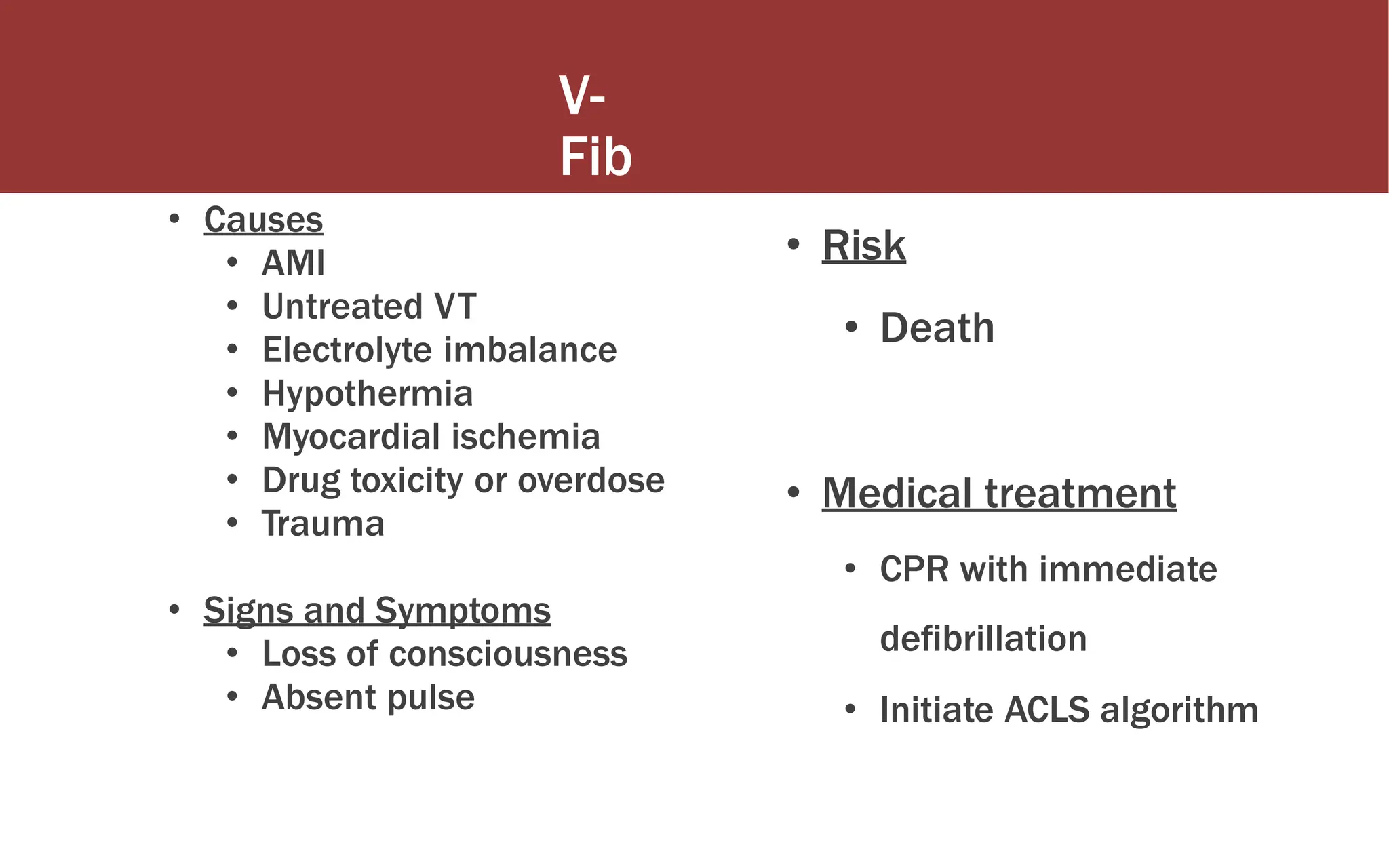 V-
Fib
• Causes
• AMI
• Untreated VT
• Electrolyte imbalance
• Hypothermia
• Myocardial ischemia
• Drug toxicity or overdose
• Trauma
• Signs and Symptoms
• Loss of consciousness
• Absent pulse
• Risk
• Death
• Medical treatment
• CPR with immediate
defibrillation
• Initiate ACLS algorithm
 