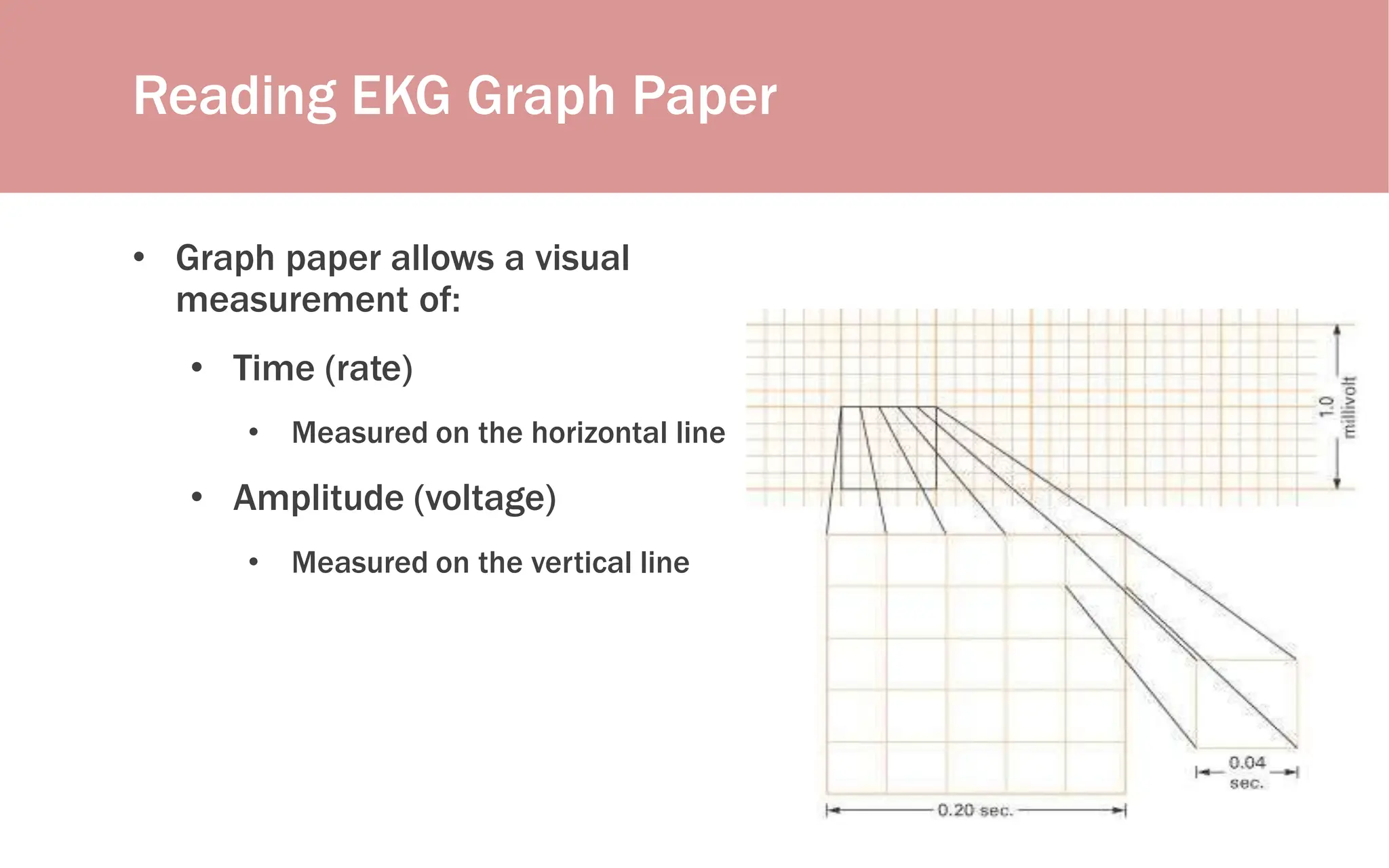 Reading EKG Graph Paper
• Graph paper allows a visual
measurement of:
• Time (rate)
• Measured on the horizontal line
• Amplitude (voltage)
• Measured on the vertical line
 