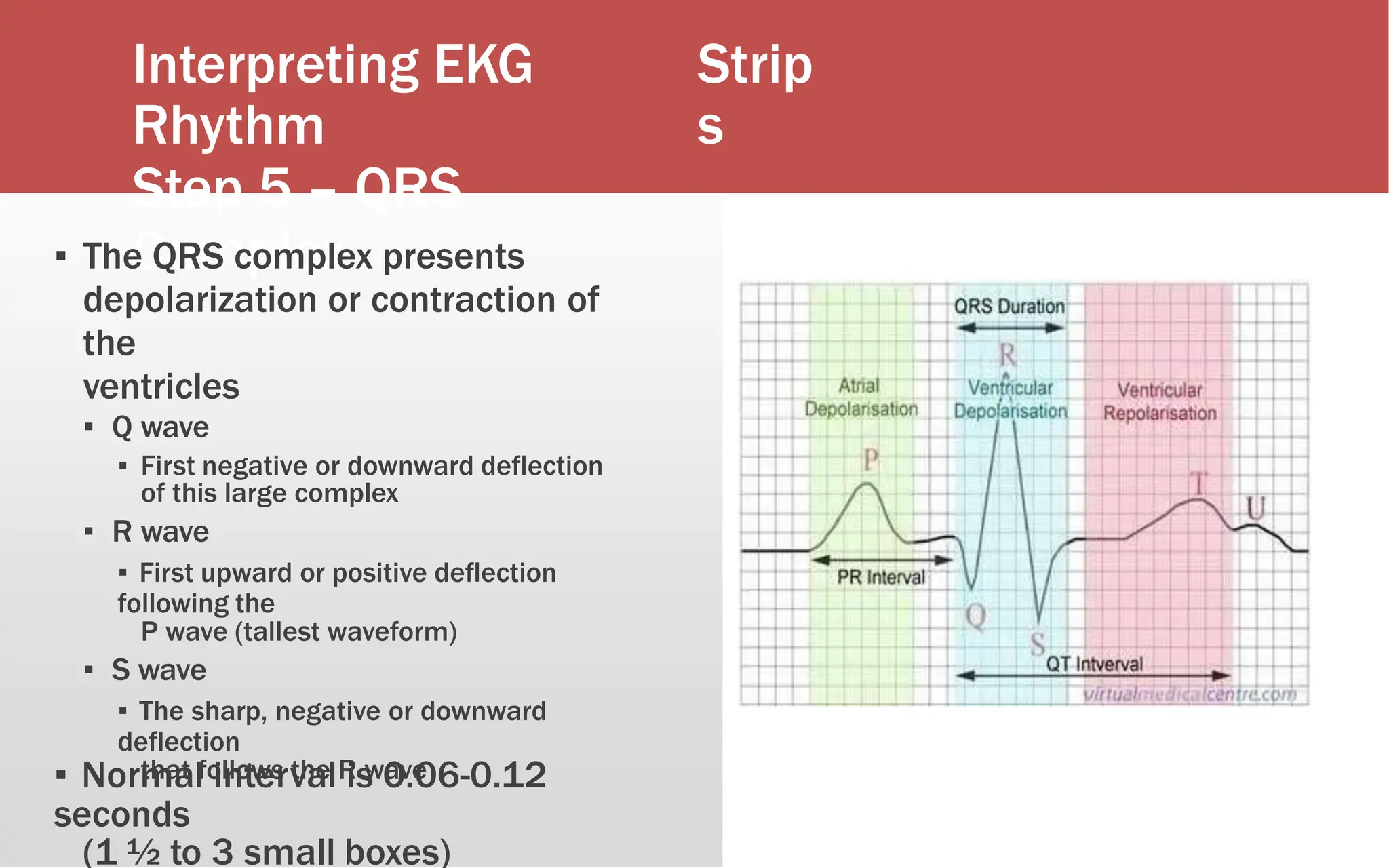 Interpreting EKG
Rhythm
Step 5 – QRS
Complex
Strip
s
▪ The QRS complex presents
depolarization or contraction of
the
ventricles
▪ Q wave
▪ First negative or downward deflection
of this large complex
▪ R wave
▪ First upward or positive deflection
following the
P wave (tallest waveform)
▪ S wave
▪ The sharp, negative or downward
deflection
that follows the R wave
▪ Normal interval is 0.06-0.12
seconds
(1 ½ to 3 small boxes)
 