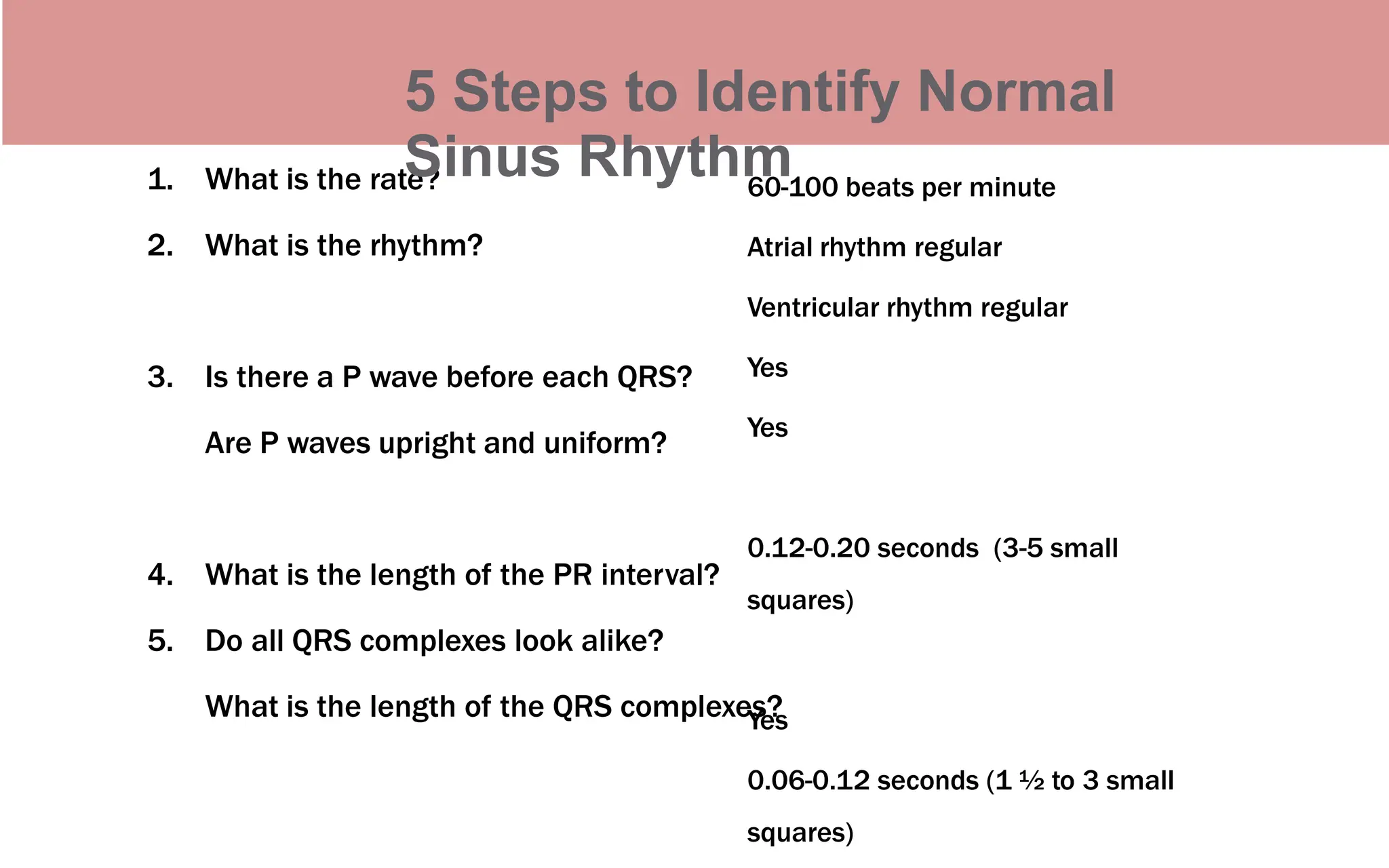1. What is the rate?
2. What is the rhythm?
3. Is there a P wave before each QRS?
Are P waves upright and uniform?
4. What is the length of the PR interval?
5. Do all QRS complexes look alike?
What is the length of the QRS complexes?
60-100 beats per minute
Atrial rhythm regular
Ventricular rhythm regular
Yes
Yes
0.12-0.20 seconds (3-5 small
squares)
Yes
0.06-0.12 seconds (1 ½ to 3 small
squares)
5 Steps to Identify Normal
Sinus Rhythm
 