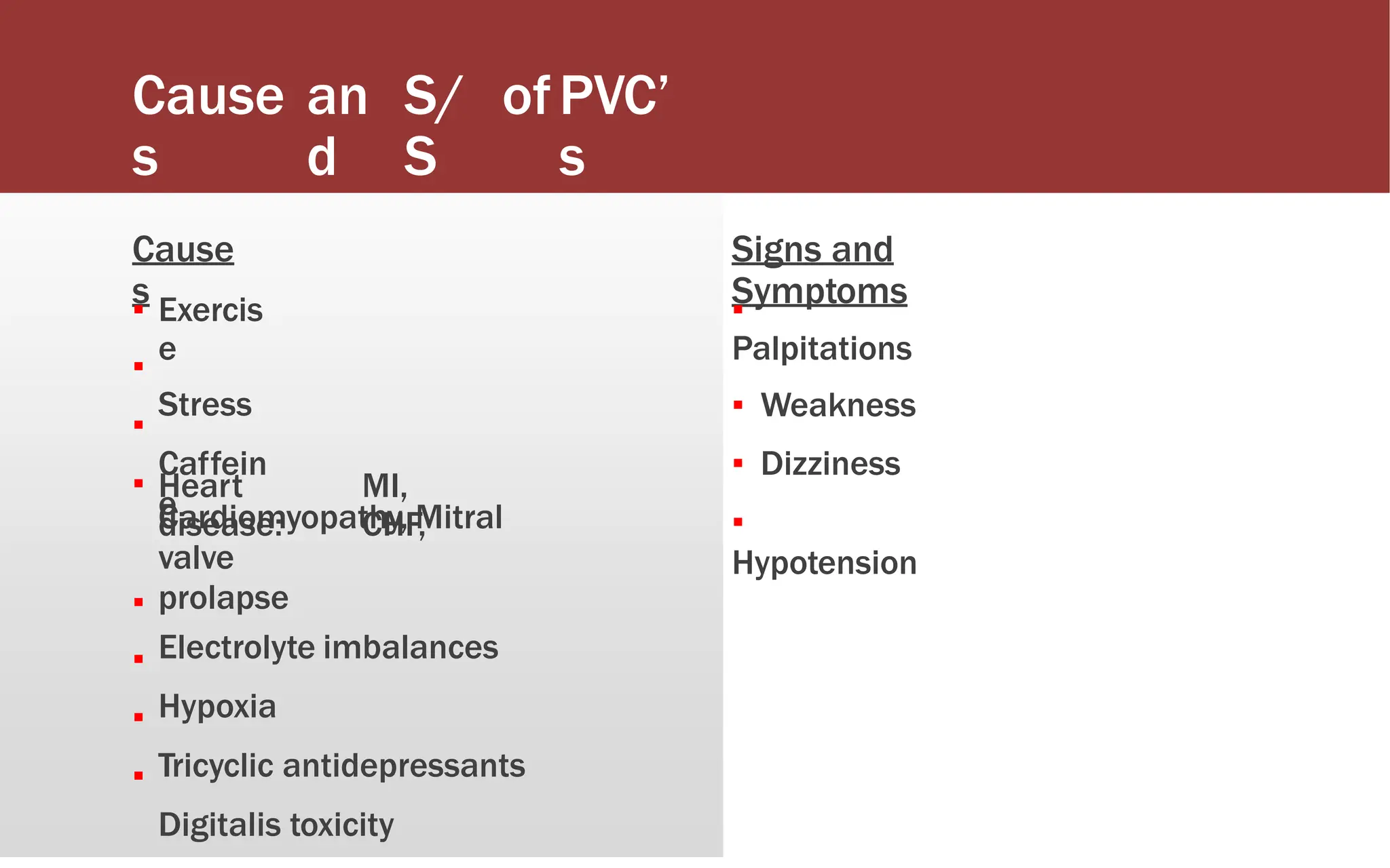 Cause
s
an
d
S/
S
ofPVC’
s
Cause
s
Signs and
Symptoms
▪
▪
▪
▪
Exercis
e
Stress
Caffein
e
▪
Palpitations
▪ Weakness
▪ Dizziness
▪
Hypotension
Heart
disease:
MI,
CHF,
Cardiomyopathy, Mitral
valve
prolapse
Electrolyte imbalances
Hypoxia
Tricyclic antidepressants
Digitalis toxicity
▪
▪
▪
▪
 