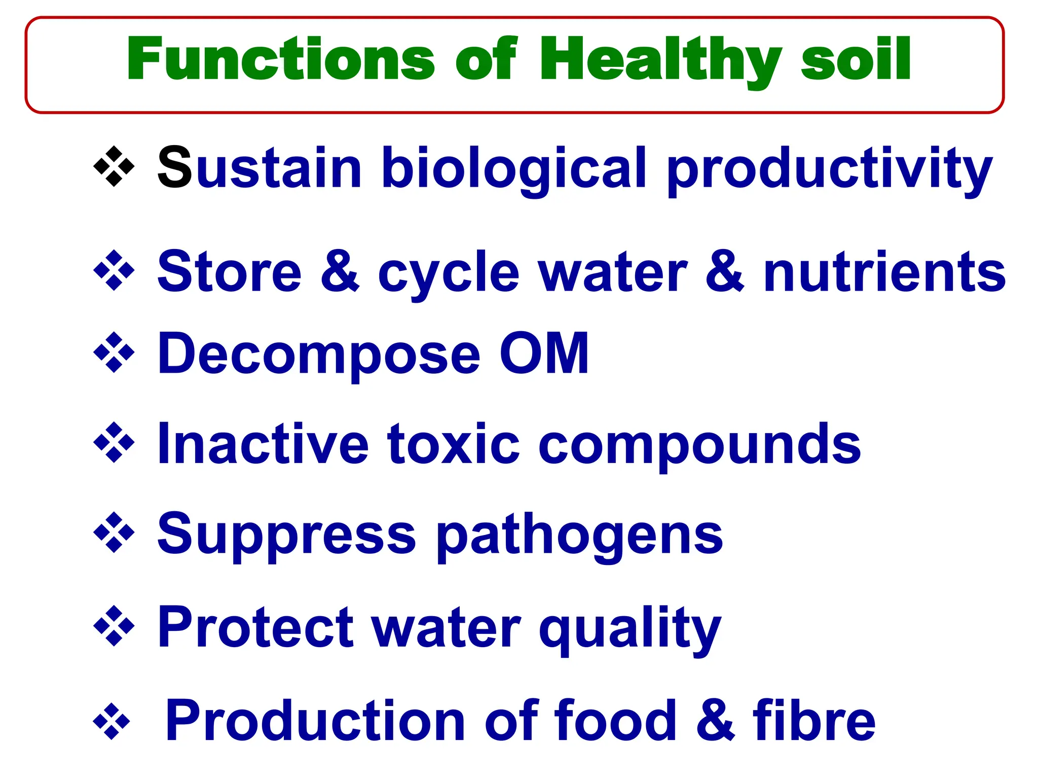  Sustain biological productivity
 Store & cycle water & nutrients
 Decompose OM
 Inactive toxic compounds
 Suppress pathogens
 Protect water quality
 Production of food & fibre
Functions of Healthy soil
 