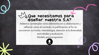 Debemos contemplar varios elementos en su elaboración y
reflexión como el contexto, la justificación, el fin, la
concreción curricular, metodología, atención a la diversidad,
actividades y evaluación.
Modelo para programar:
¿Que necesitamos para
diseñar nuestra S.A?
 