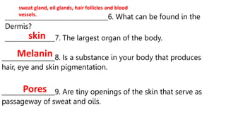 _________________________________6. What can be found in the
Dermis?
________________7. The largest organ of the body.
sweat gland, oil glands, hair follicles and blood
vessels.
skin
_________________8. Is a substance in your body that produces
hair, eye and skin pigmentation.
Melanin
_________________9. Are tiny openings of the skin that serve as
passageway of sweat and oils.
Pores
 