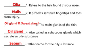 _________________1. Refers to the hair found in your nose.
_________________2. It protects sensitive fingertips and toes
from injury.
_________________________3. The main glands of the skin.
_________________4. Also called as sebaceous glands which
secrete an oily substance
________________5. Other name for the oily substance.
Cilia
Nails
Oil gland & Sweat gland
Oil gland
Sebum
 