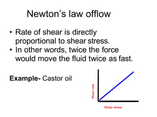Newton’s law offlow
• Rate of shear is directly
proportional to shear stress.
• In other words, twice the force
would move the fluid twice as fast.
Example- Castor oil
 