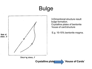 Bulge
3-Dimentional structure result
bulge formation.
Crystalline plates of bentonite
‘house of card’structure
E.g. 10-15% bentonite magma.
Crystalline plate `House of Cards`
 