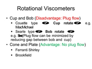 Rotational Viscometers
• Cup and Bob (Disadvantage: Plug flow)
 Couette type  Cup rotate e.g.
MacMichael
 Searle type Bob rotate 
e.g. S
t
r
o
m
e
r(Plug flow can be minimized by
reducing gap between bob and cup)
• Cone and Plate (Advantage: No plug flow)
 Ferranti Shirley
 Brookfield
 