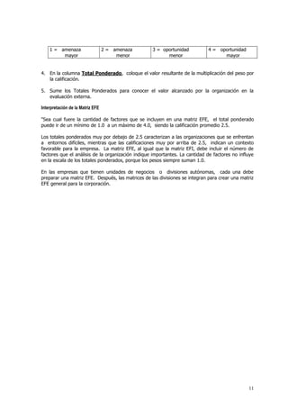 11
1 = amenaza
mayor
2 = amenaza
menor
3 = oportunidad
menor
4 = oportunidad
mayor
4. En la columna Total Ponderado, coloque el valor resultante de la multiplicación del peso por
la calificación.
5. Sume los Totales Ponderados para conocer el valor alcanzado por la organización en la
evaluación externa.
Interpretación de la Matriz EFE
"Sea cual fuere la cantidad de factores que se incluyen en una matriz EFE, el total ponderado
puede ir de un mínimo de 1.0 a un máximo de 4.0, siendo la calificación promedio 2.5.
Los totales ponderados muy por debajo de 2.5 caracterizan a las organizaciones que se enfrentan
a entornos difíciles, mientras que las calificaciones muy por arriba de 2.5, indican un contexto
favorable para la empresa. La matriz EFE, al igual que la matriz EFI, debe incluir el número de
factores que el análisis de la organización indique importantes. La cantidad de factores no influye
en la escala de los totales ponderados, porque los pesos siempre suman 1.0.
En las empresas que tienen unidades de negocios o divisiones autónomas, cada una debe
preparar una matriz EFE. Después, las matrices de las divisiones se integran para crear una matriz
EFE general para la corporación.
 