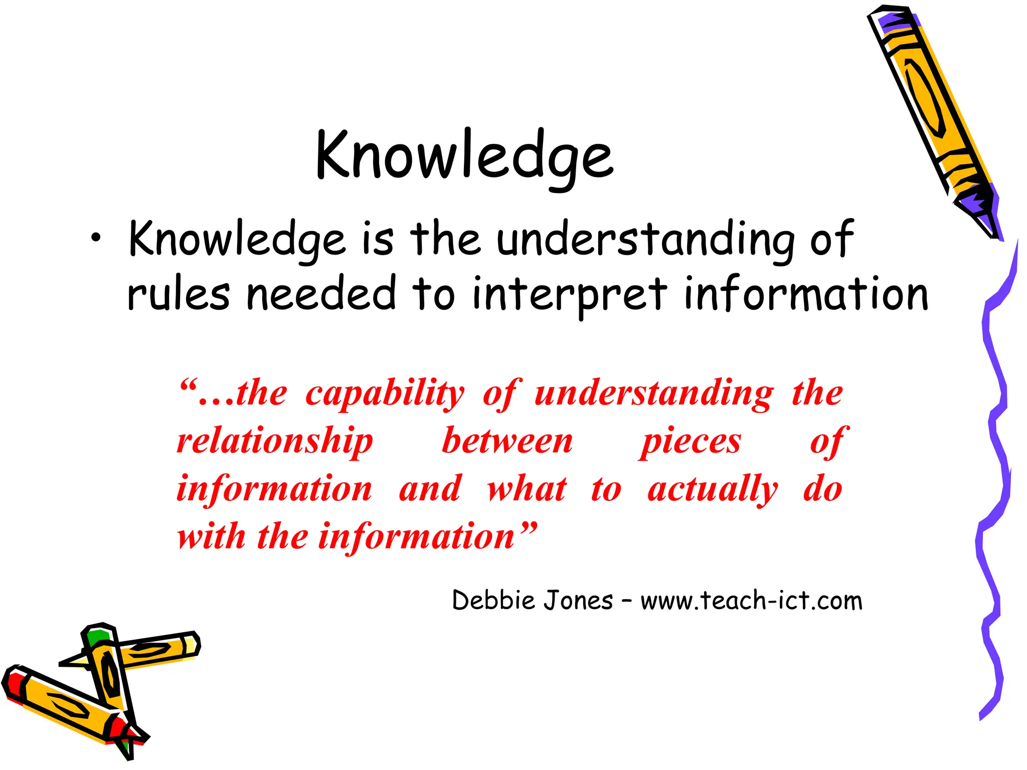 Knowledge
• Knowledge is the understanding of
rules needed to interpret information
“…the capability of understanding the
relationship between pieces of
information and what to actually do
with the information”
Debbie Jones – www.teach-ict.com
 