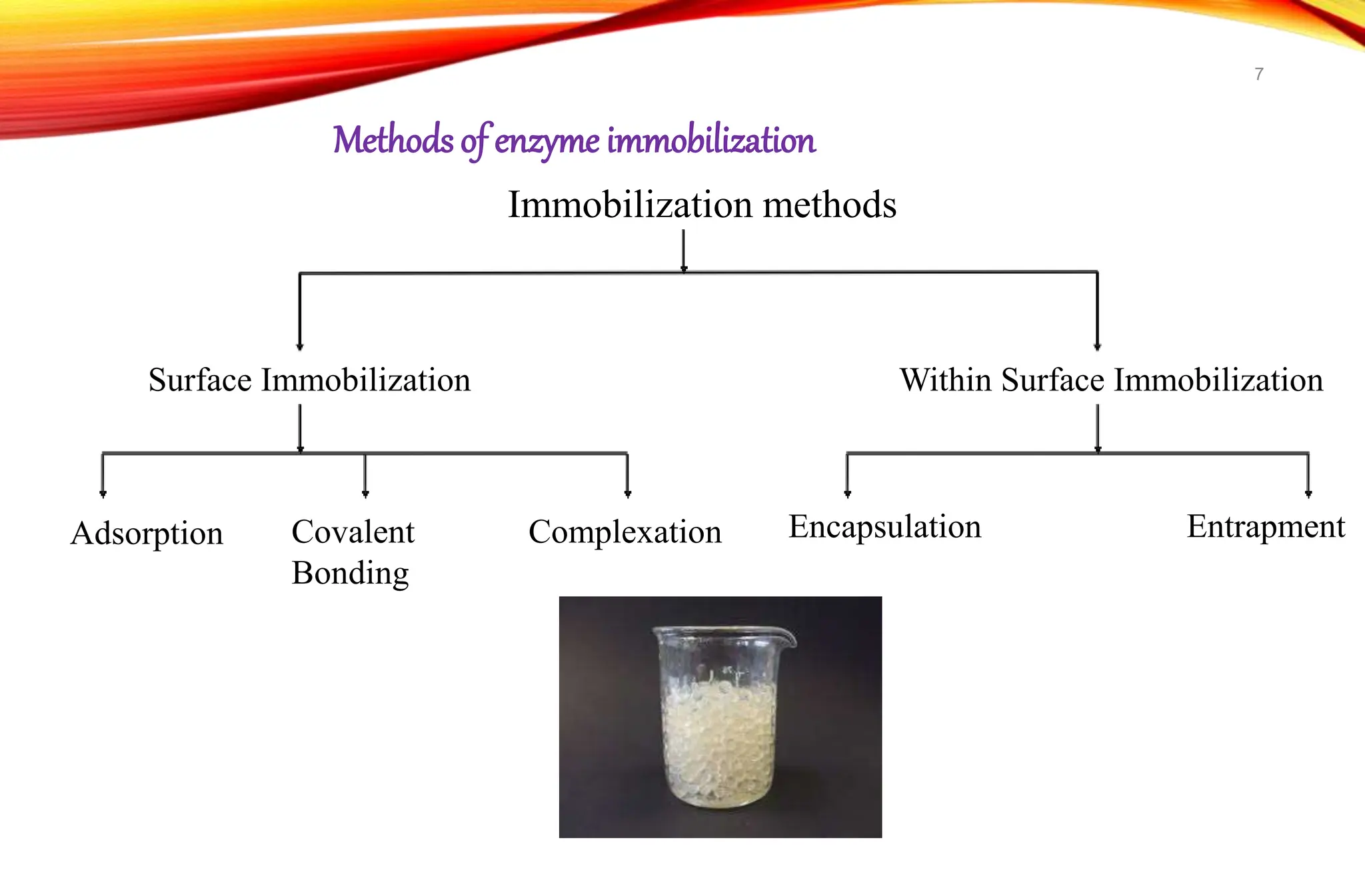 Methods of enzyme immobilization
Immobilization methods
Surface Immobilization Within Surface Immobilization
Adsorption Covalent
Bonding
Complexation Encapsulation Entrapment
7
 