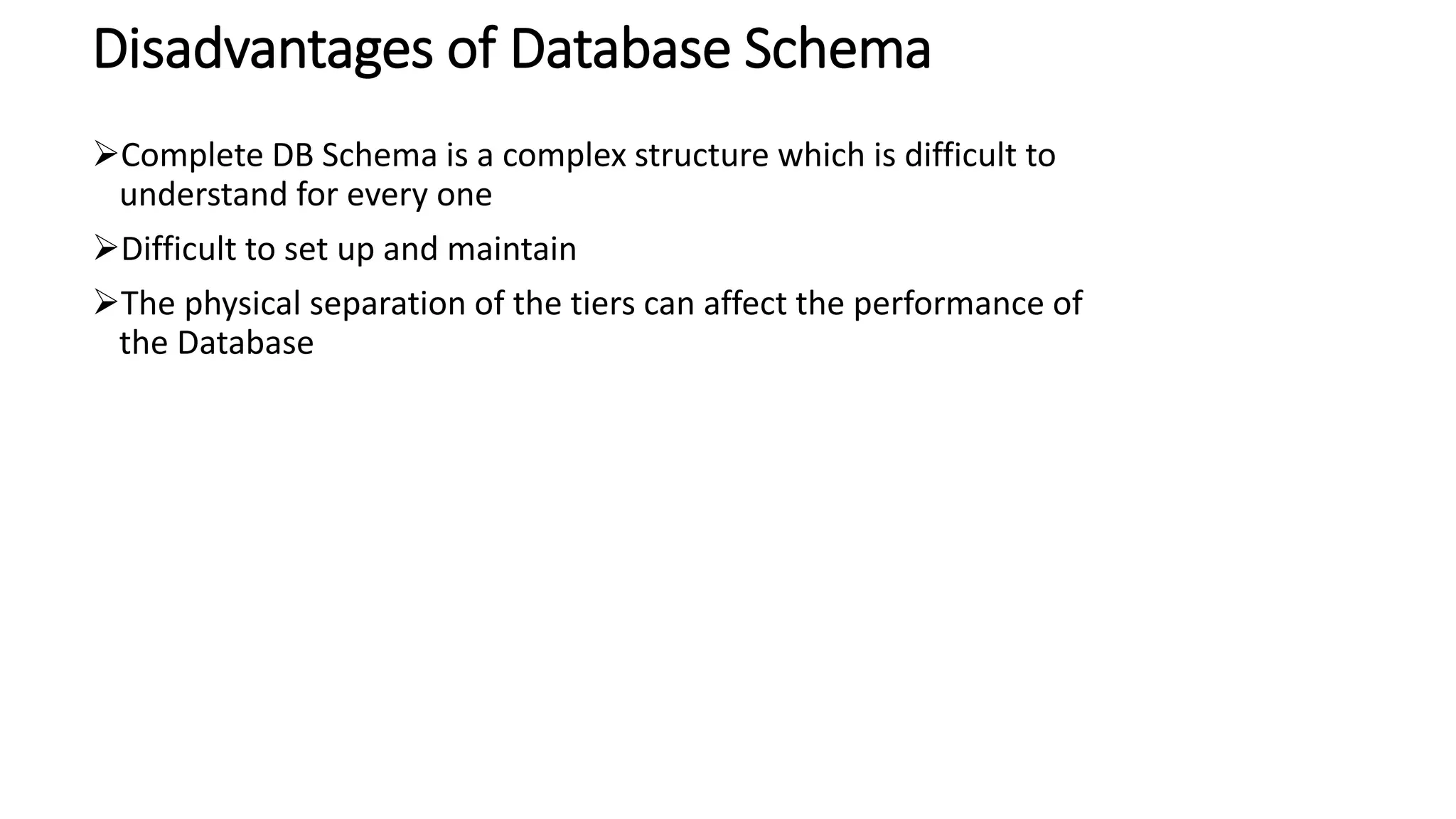 Disadvantages of Database Schema
Complete DB Schema is a complex structure which is difficult to
understand for every one
Difficult to set up and maintain
The physical separation of the tiers can affect the performance of
the Database
 
