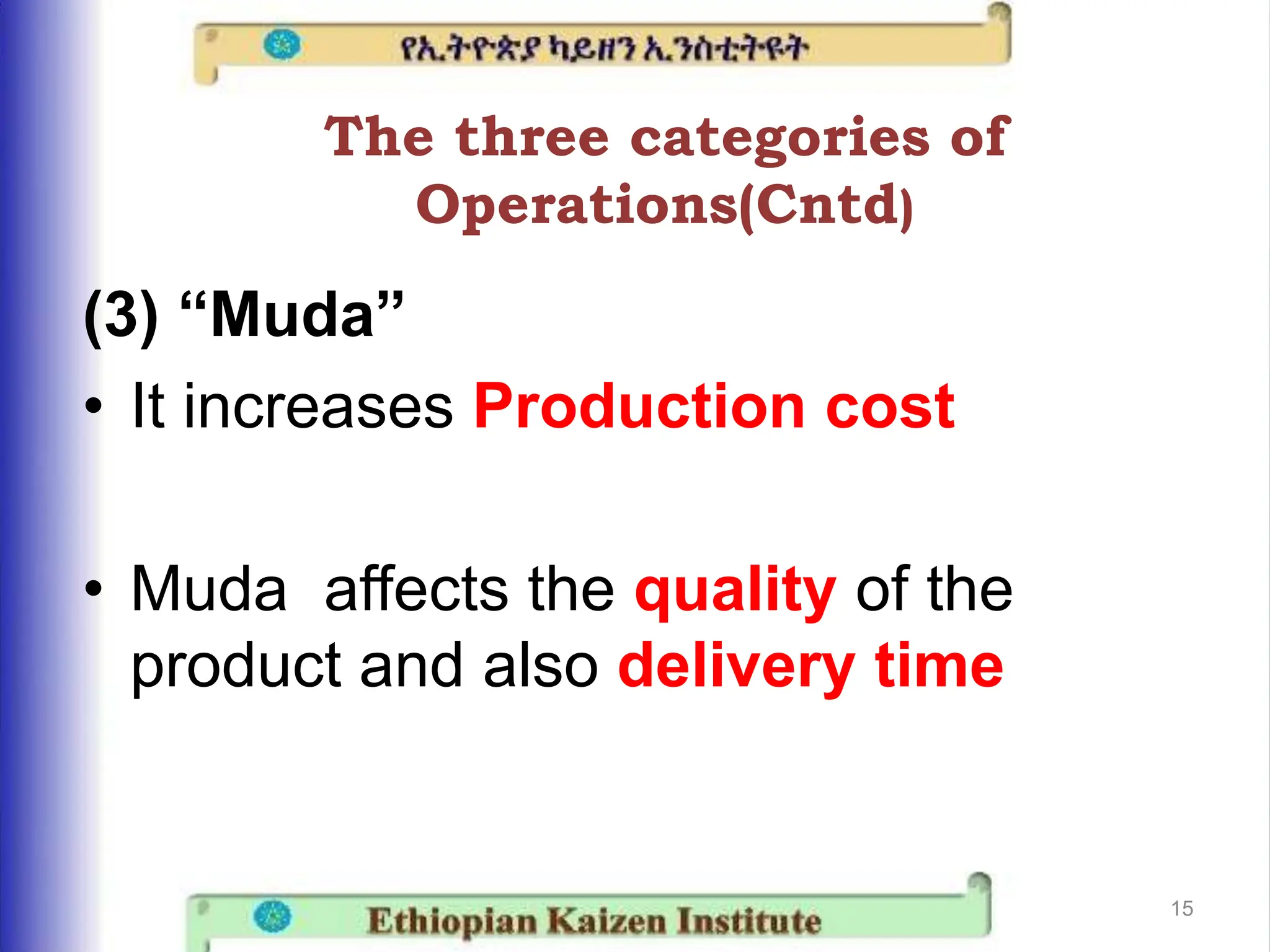Less Muda Kaizon (Muda) 1)The concept of MUDA/Waste 2)Methods for categorizing ...