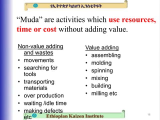 Less Muda Kaizon (Muda) 1)The concept of MUDA/Waste 2)Methods for categorizing ...