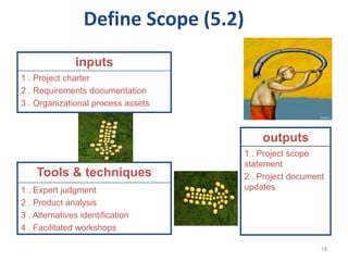 19
inputs
1 . Project charter
2 . Requirements documentation
3 . Organizational process assets
Tools & techniques
1 . Expert judgment
2 . Product analysis
3 . Alternatives identification
4 . Facilitated workshops
outputs
1 . Project scope
statement
2 . Project document
updates
Define Scope (5.2)
 