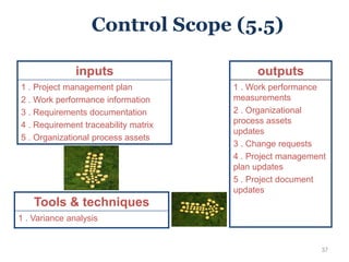 37
inputs
1 . Project management plan
2 . Work performance information
3 . Requirements documentation
4 . Requirement traceability matrix
5 . Organizational process assets
Tools & techniques
1 . Variance analysis
outputs
1 . Work performance
measurements
2 . Organizational
process assets
updates
3 . Change requests
4 . Project management
plan updates
5 . Project document
updates
Control Scope (5.5)
 