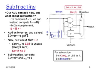 Subtracting
0
1
B
0
1
A
Operation
Result
+ 2
CarryIn
CarryOut
BInvert
For subtraction:
Set CarryIn of LSB to 1,
Set BInvert to 1
• Add an inverter, and a signal
BInvert to get B
• Now, how about that +1?
– CarryIn to LSB is unused
(always zero)
– Set it to 1!
• Subtraction just sets
BInvert and Cin to 1
B
• Our ALU can add now, but
what about subtraction?
• To compute A - B, we can
instead compute A + (-B)
• In 2’s complement,
-B = B + 1
Set to 1 for LSB
11/17/2019 9
 