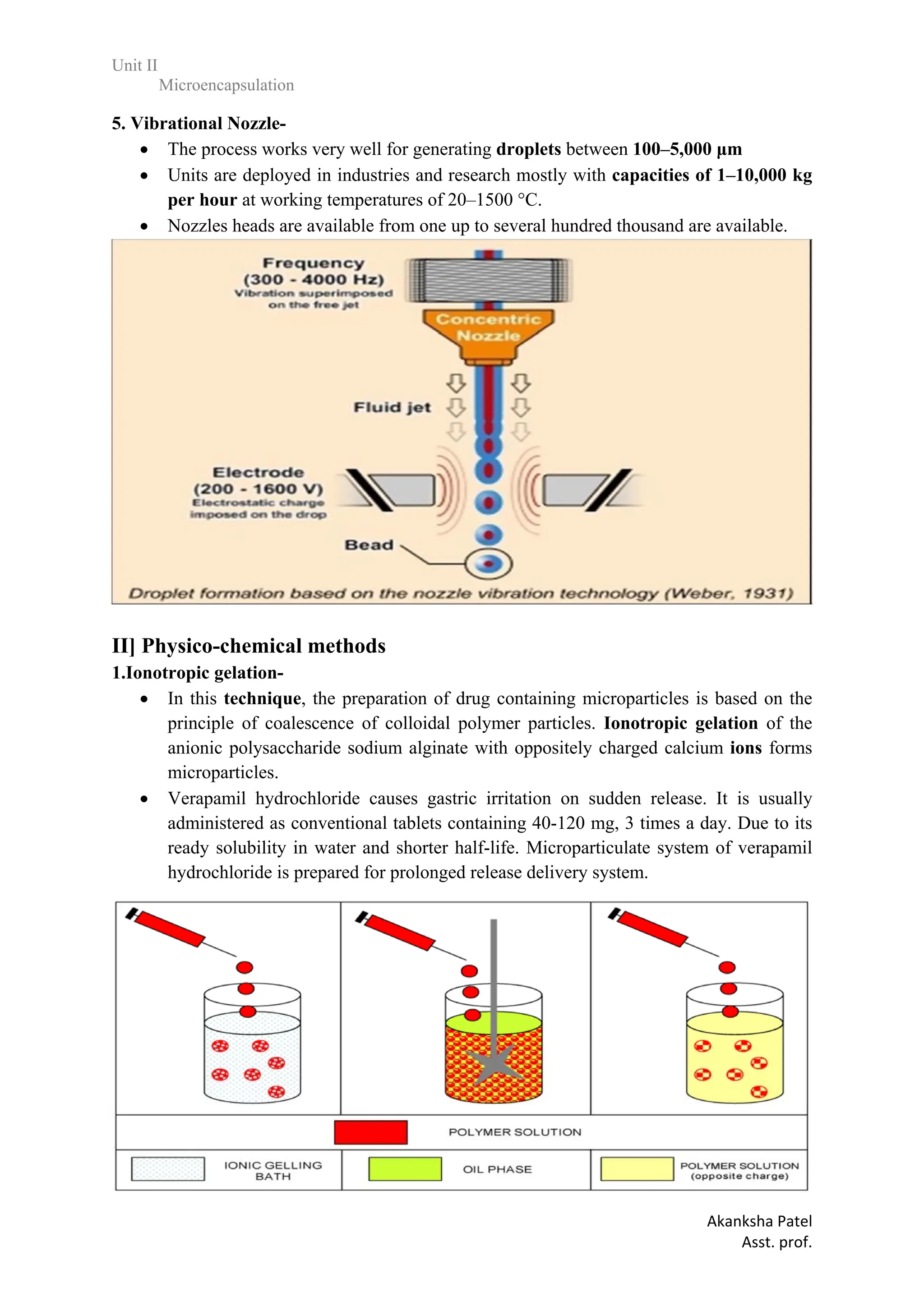 Unit II
Microencapsulation
Akanksha Patel
Asst. prof.
5. Vibrational Nozzle-
 The process works very well for generating droplets between 100–5,000 μm
 Units are deployed in industries and research mostly with capacities of 1–10,000 kg
per hour at working temperatures of 20–1500 °C.
 Nozzles heads are available from one up to several hundred thousand are available.
II] Physico-chemical methods 39
1.Ionotropic gelation-
 In this technique, the preparation of drug containing microparticles is based on the
principle of coalescence of colloidal polymer particles. Ionotropic gelation of the
anionic polysaccharide sodium alginate with oppositely charged calcium ions forms
microparticles.
 Verapamil hydrochloride causes gastric irritation on sudden release. It is usually
administered as conventional tablets containing 40-120 mg, 3 times a day. Due to its
ready solubility in water and shorter half-life. Microparticulate system of verapamil
hydrochloride is prepared for prolonged release delivery system.
 