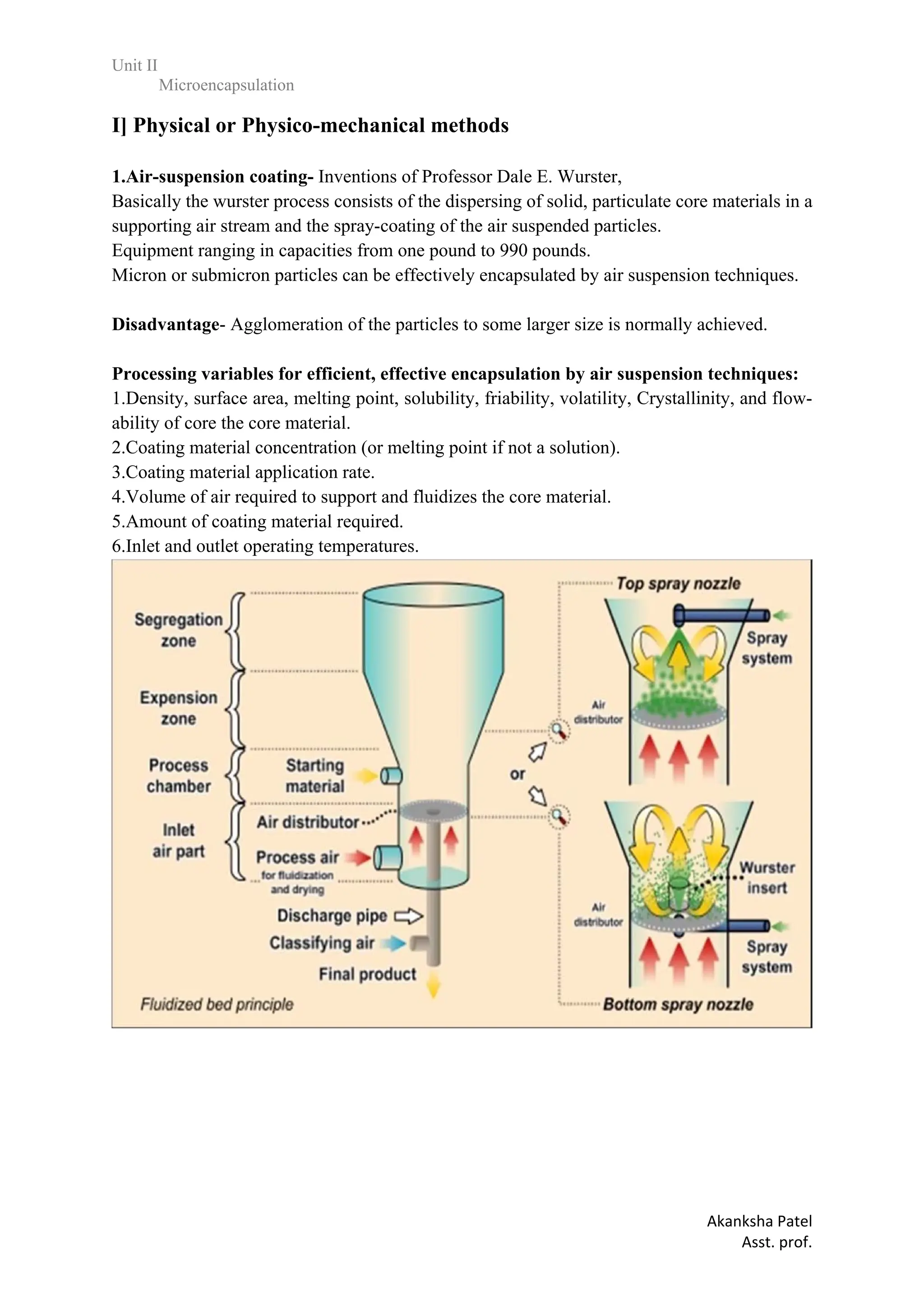 Unit II
Microencapsulation
Akanksha Patel
Asst. prof.
I] Physical or Physico-mechanical methods
22
1.Air-suspension coating- Inventions of Professor Dale E. Wurster,
Basically the wurster process consists of the dispersing of solid, particulate core materials in a
supporting air stream and the spray-coating of the air suspended particles.
Equipment ranging in capacities from one pound to 990 pounds.
Micron or submicron particles can be effectively encapsulated by air suspension techniques.
Disadvantage- Agglomeration of the particles to some larger size is normally achieved.
Processing variables for efficient, effective encapsulation by air suspension techniques:
1.Density, surface area, melting point, solubility, friability, volatility, Crystallinity, and flow-
ability of core the core material.
2.Coating material concentration (or melting point if not a solution).
3.Coating material application rate.
4.Volume of air required to support and fluidizes the core material.
5.Amount of coating material required.
6.Inlet and outlet operating temperatures.
 