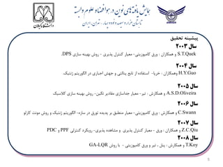 5
‫تحقیق‬ ‫پیشینه‬
‫سال‬
2008
T.Koy
‫همکارش‬ ‫و‬
:
‫کامپوزیتی‬ ‫ورق‬ ‫و‬ ‫تیر‬ ، ‫پنل‬
-
‫روش‬ ‫با‬
GA-LQR
‫سال‬
2007
Z.C.Qiu
‫همکاران‬ ‫و‬
:
‫ورق‬
-
‫پذیری‬ ‫مشاهده‬ ‫و‬ ‫پذیری‬ ‫کنترل‬ ‫معیار‬
-
‫کنترلی‬ ‫رویکرد‬
PPF
‫و‬
PDC
‫سال‬
2003
S.T.Quek
‫همکاران‬ ‫و‬
:
‫کامپوزیتی‬ ‫ورق‬
-
‫پذیری‬ ‫کنترل‬ ‫معیار‬
-
‫سازی‬ ‫بهینه‬ ‫روش‬
.DPS
‫سال‬
2004
H.Y.Guo
‫وهمکاران‬
:
‫خرپا‬
-
‫پنال‬ ‫تابع‬ ‫از‬ ‫استفاده‬
‫ت‬
‫الگو‬ ‫در‬ ‫اجباری‬ ‫جهش‬ ‫و‬ ‫ی‬
‫ر‬
‫ژنتیک‬ ‫یتم‬
.
‫سال‬
2005
A.S.D.Oliveira
‫همکارش‬ ‫و‬
:
‫تیر‬
-
‫تکین‬ ‫مقادیر‬ ‫جداسازی‬ ‫معیار‬
-
‫کالسیک‬ ‫سازی‬ ‫بهینه‬ ‫روش‬
‫سال‬
2006
C.Swann
‫همکارش‬ ‫و‬
:
‫کامپوزیتی‬ ‫ورق‬
-
‫سازه‬ ‫در‬ ‫تورق‬ ‫پدیده‬ ‫بر‬ ‫منطبق‬ ‫معیار‬
-
‫کارلو‬ ‫مونت‬ ‫روش‬ ‫و‬ ‫ژنتیک‬ ‫الگوریتم‬
 