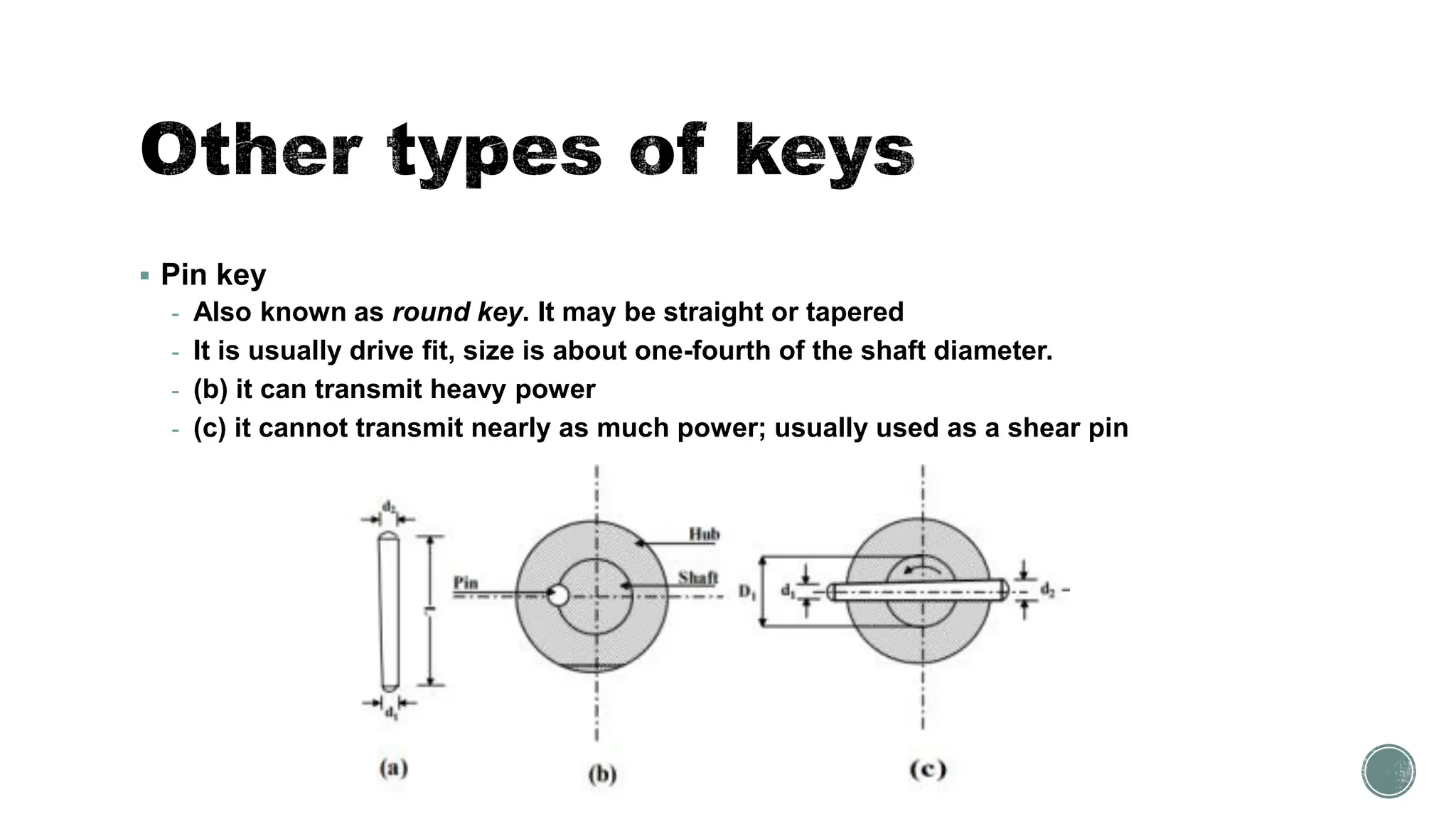 ▪ Pin key
- Also known as round key. It may be straight or tapered
- It is usually drive fit, size is about one-fourth of the shaft diameter.
- (b) it can transmit heavy power
- (c) it cannot transmit nearly as much power; usually used as a shear pin
 