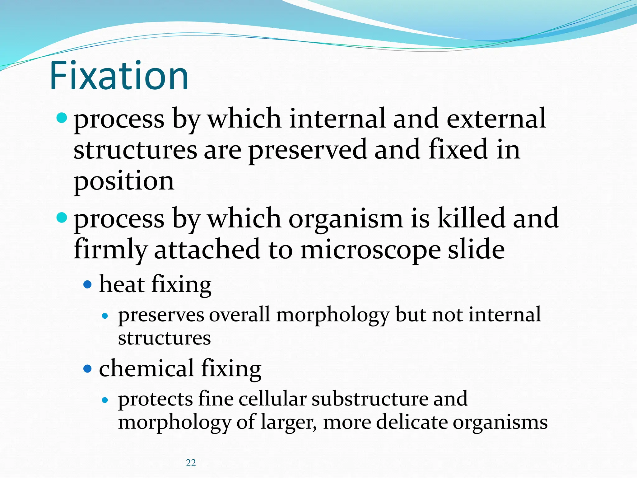 22
Fixation
process by which internal and external
structures are preserved and fixed in
position
process by which organism is killed and
firmly attached to microscope slide
 heat fixing
 preserves overall morphology but not internal
structures
 chemical fixing
 protects fine cellular substructure and
morphology of larger, more delicate organisms
 