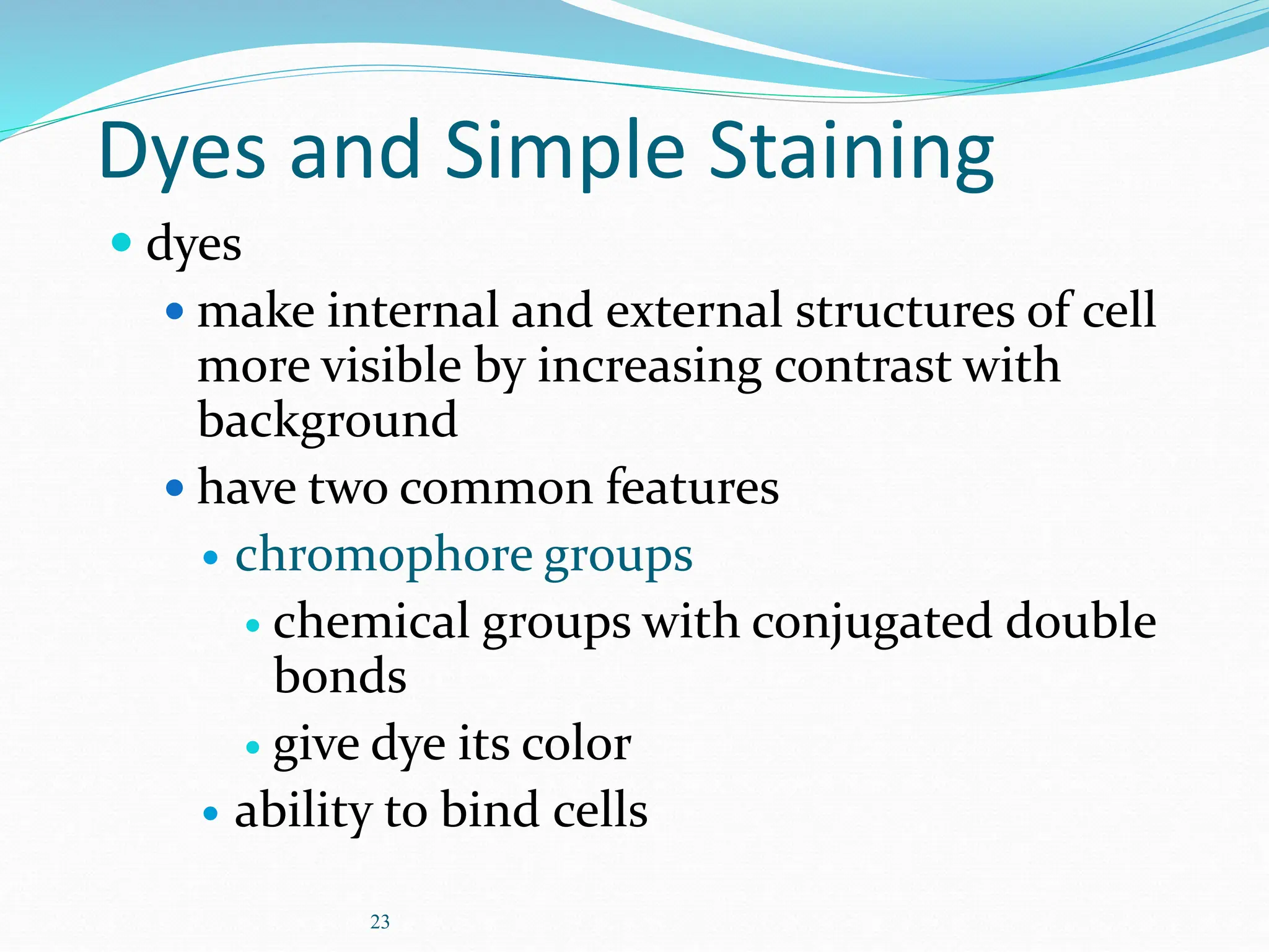 23
Dyes and Simple Staining
 dyes
 make internal and external structures of cell
more visible by increasing contrast with
background
 have two common features
 chromophore groups
 chemical groups with conjugated double
bonds
 give dye its color
 ability to bind cells
 