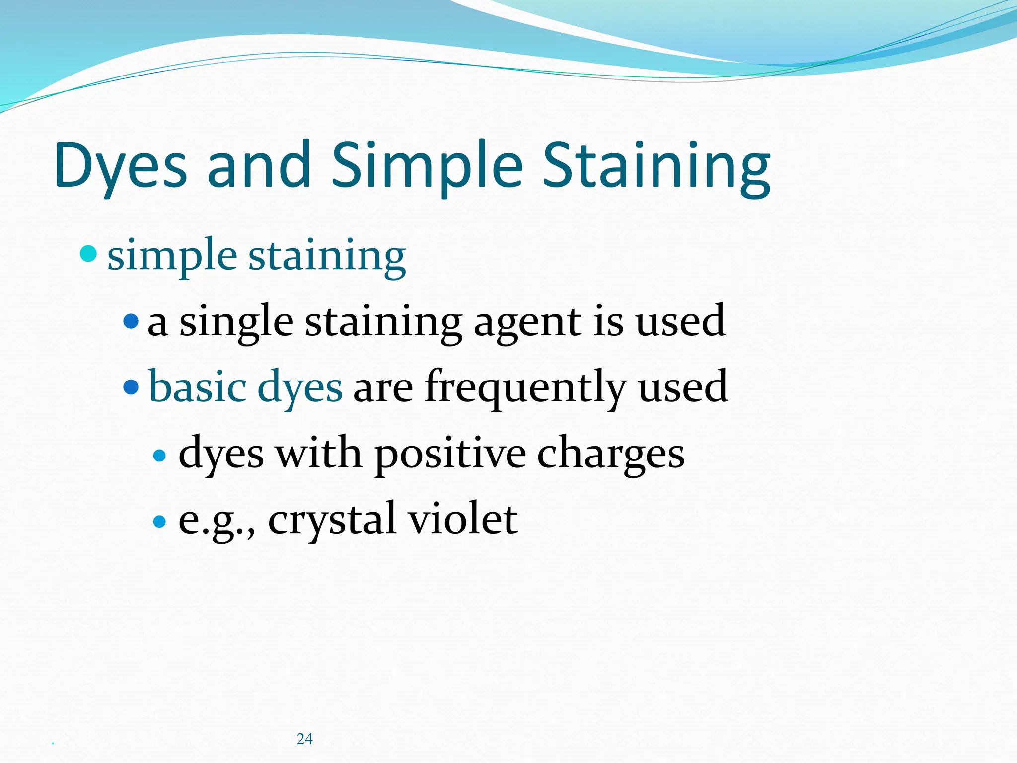 . 24
Dyes and Simple Staining
simple staining
a single staining agent is used
basic dyes are frequently used
 dyes with positive charges
 e.g., crystal violet
 